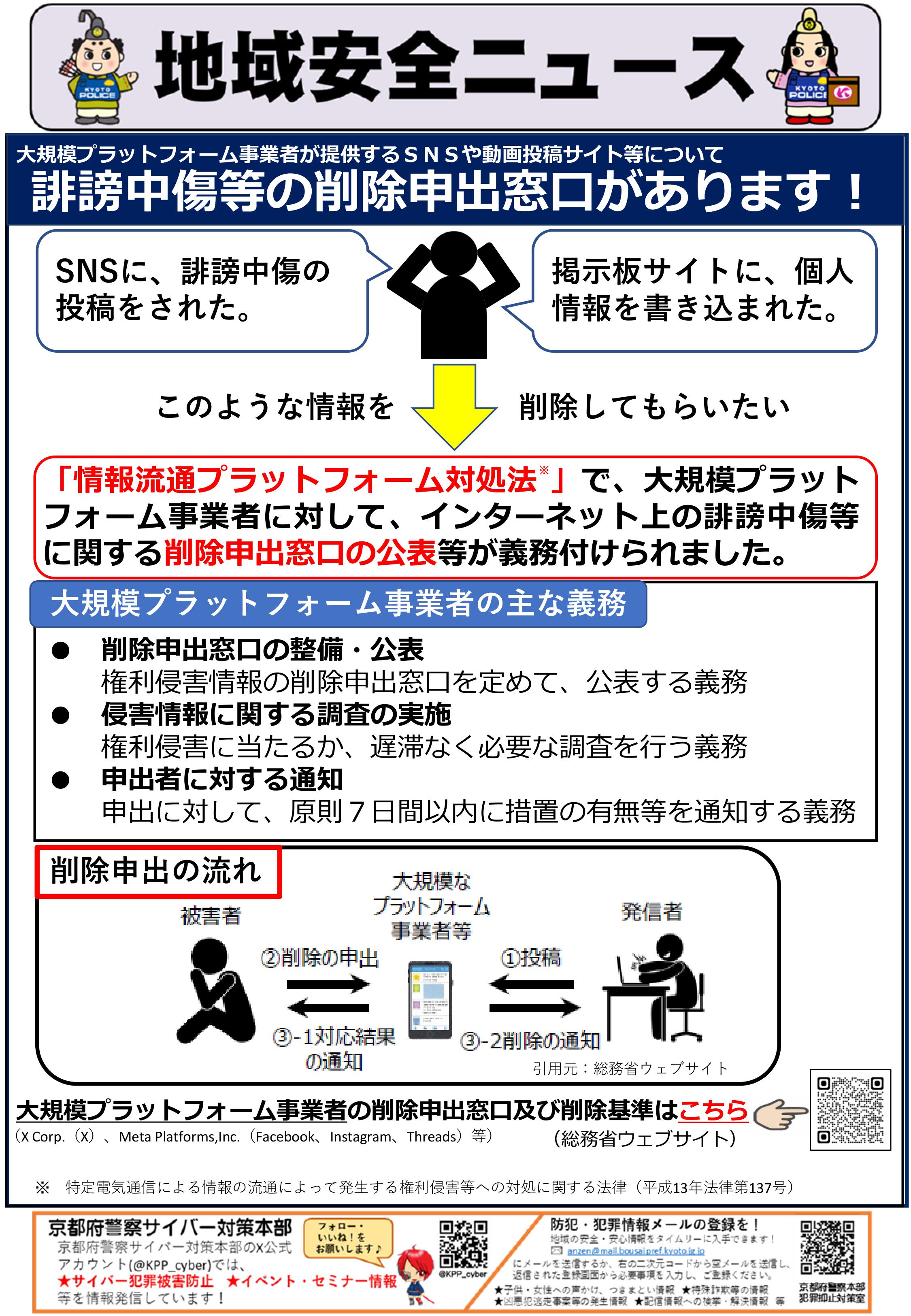 サイバー・京すぐメール（誹謗中傷等の削除申出窓口があります）